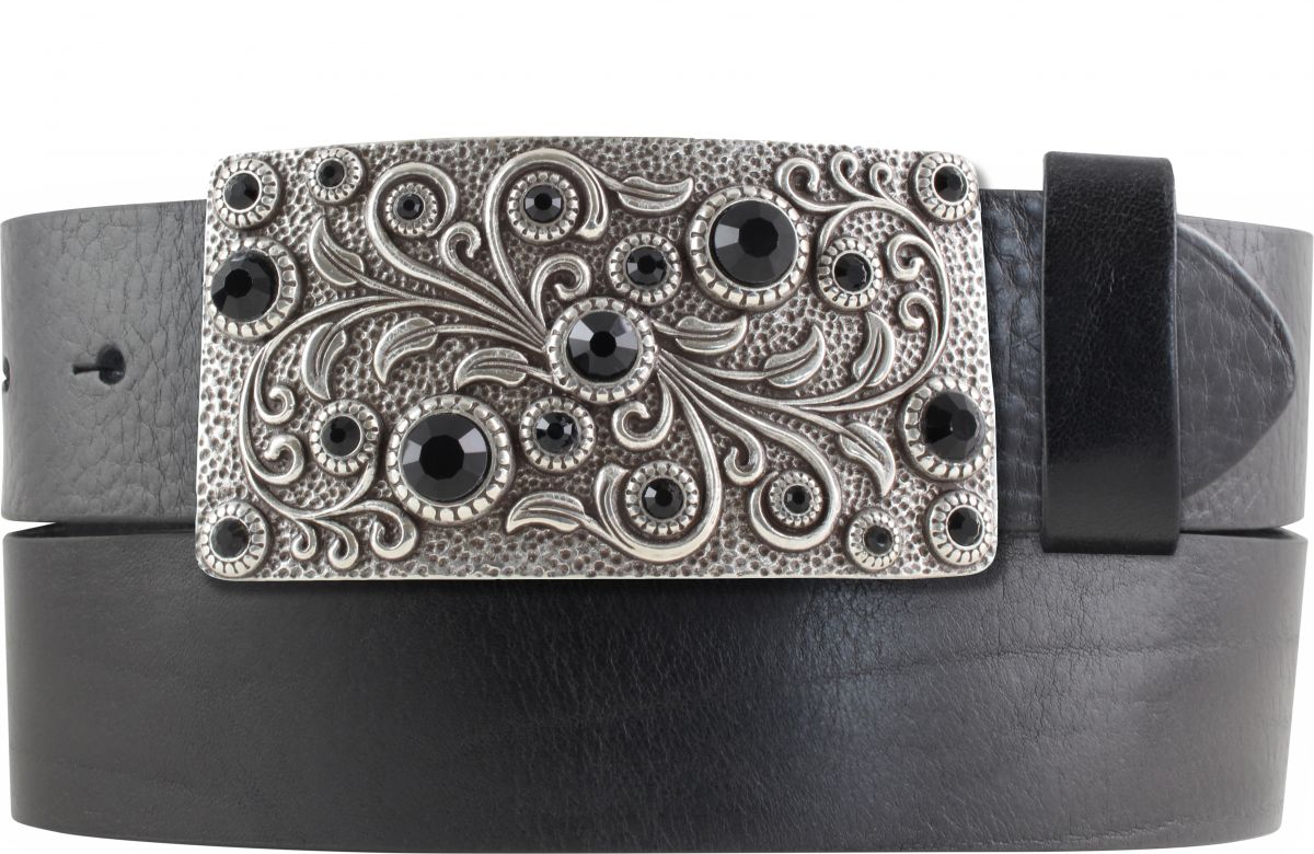 G�rtel aus Vollrindleder mit Black Flowers-Schlie�e 4,0 cm