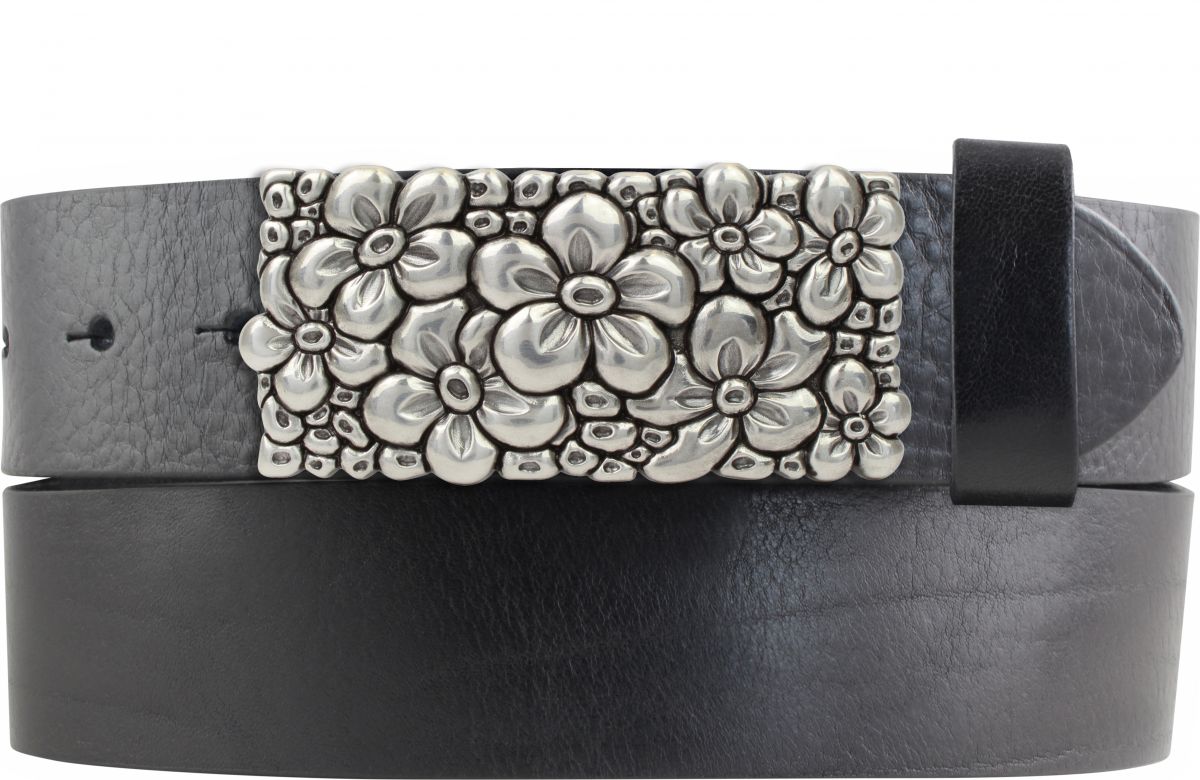 G�rtel aus Vollrindleder mit Blumen-Schlie�e 4,0 cm