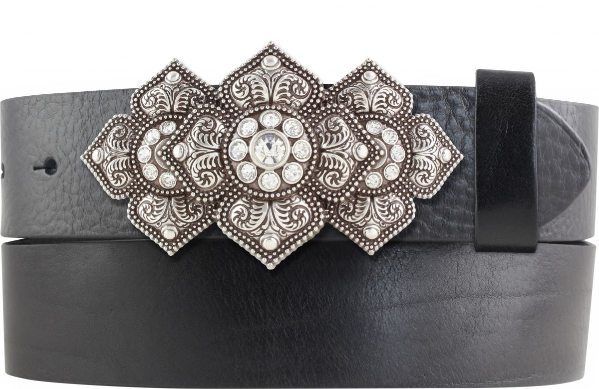 G�rtel aus Vollrindleder mit Flowered Bling-Schlie�e 4,0 cm
