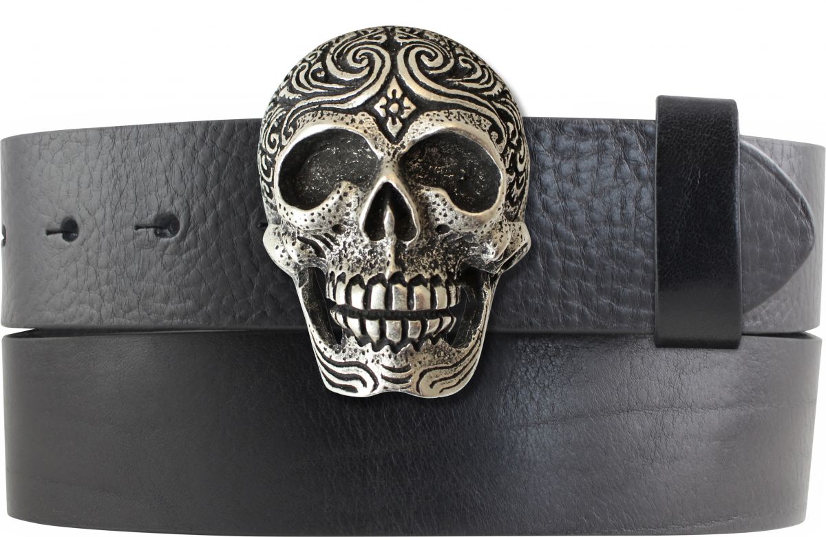 G�rtel aus Vollrindleder mit Plain Skull-Schlie�e 4,0 cm