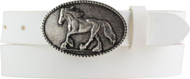 Kindergürtel für Reiter mit Pferde-Gürtelschnalle aus Vollrindleder 3,0 cm Weiß