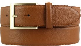 Herren-Gürtel aus gemasertem Leder mit Steppnaht gold 4,0 cm Tabac