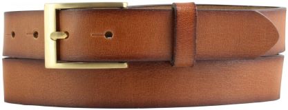 Herren-Gürtel mit goldener Gürtelschnalle aus Vollrindleder mit geschwärzten Kanten 3,0 cm Cognac