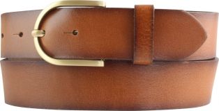 Damen-Gürtel mit geschwärzten Kanten und goldener Gürtelschließe 4,0 cm Cognac