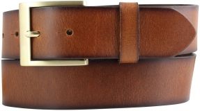 Herren-Gürtel mit goldener Gürtelschnalle aus Vollrindleder mit geschwärzten Kanten 4,0 cm Cognac