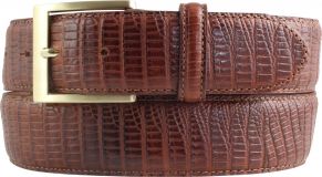 Herren-Gürtel mit Echsenprägung und goldener Gürtelschließe 4,0 cm Cognac
