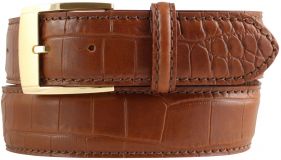 Gürtel mit Krokoprägung und goldener Gürtelschnalle 4,0 cm Tabac