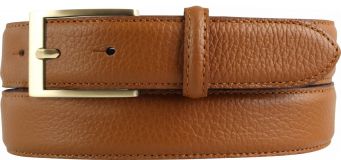 Anzug-Gürtel aus gemasertem Leder mit Steppnaht gold 3,0 cm Tabac