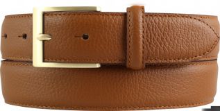 Anzug-Gürtel aus gemasertem Leder mit Steppnaht gold 3,5 cm Tabac