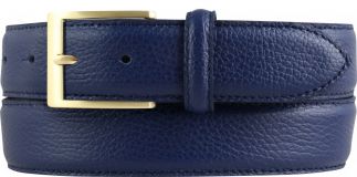 Anzug-Gürtel aus gemasertem Leder mit Steppnaht gold 3,5 cm Blau