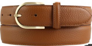 Damen-Gürtel aus gemasertem Leder mit Steppnaht gold 3,5 cm Tabac