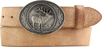 Jagd-Gürtel aus weichem Vollrindleder mit Hirsch-Buckle 4,0 cm Tabac