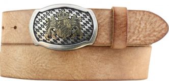 Trachten-G�rtel aus weichem Vollrindleder mit Wappen-Buckle 4,0 cm Tabac