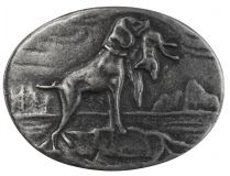 Gürtelschnalle Hund mit Beute 4,0 cm Altsilber