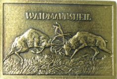 Gürtelschnalle Waidmannsheil Kämpfende Hirsche 4,0 cm Altmessing