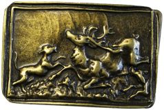 Gürtelschnalle Hirsch und Hund 4,0 cm Altmessing