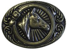 Gürtelschnalle Pferdekopf umrahmt 4,0 cm Altmessing