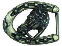 G�rtelschnalle Pferdekopf mit Hufeisen 4,0 cm Altmessing